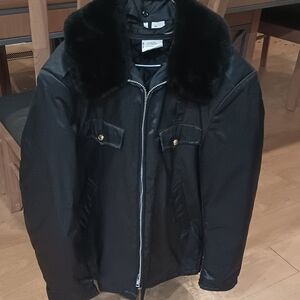 Men's Vintage Police Bomber Black Jacket with Fur Collar